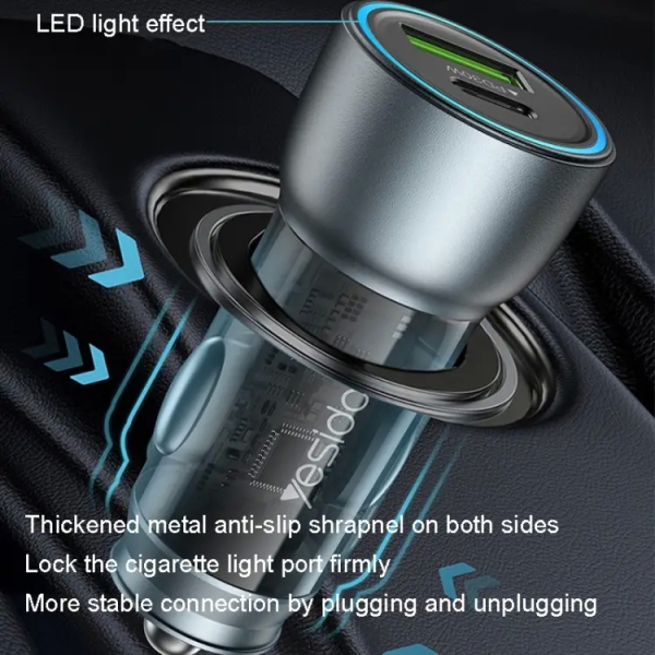 Yesido Y49 Car USB3.0 Fast Charger 30W Translucent PD Fast Charging(Black)