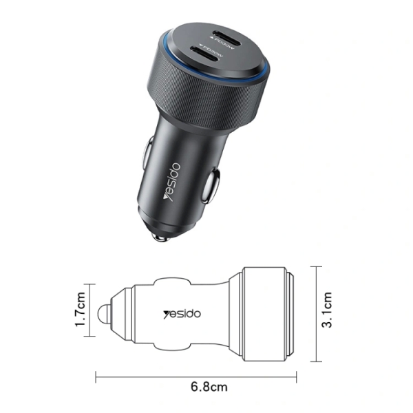 Yesido Y48 60W Car Fast Charger Aluminum Alloy Double Type-C/USB-C Port Car Charger(Black)