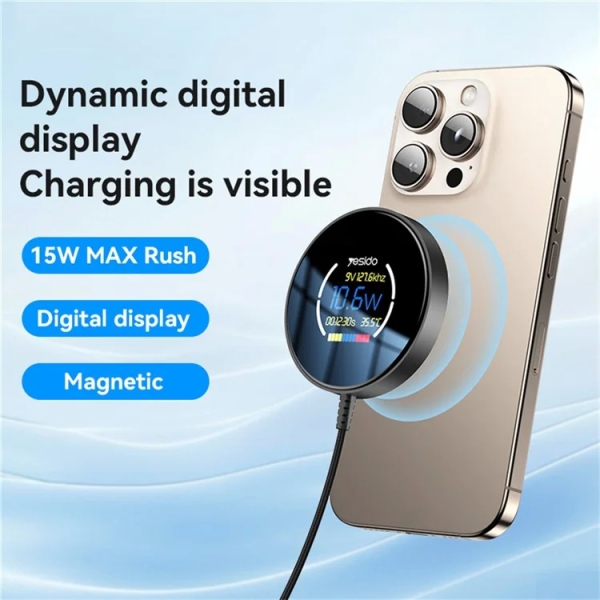 Yesido DS28 15W Smart Digital Display Magnetic Wireless Charger with 1.2m Type- C Cable (Black)