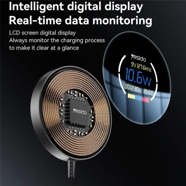 Yesido DS28 15W Smart Digital Display Magnetic Wireless Charger with 1.2m Type- C Cable (Black)