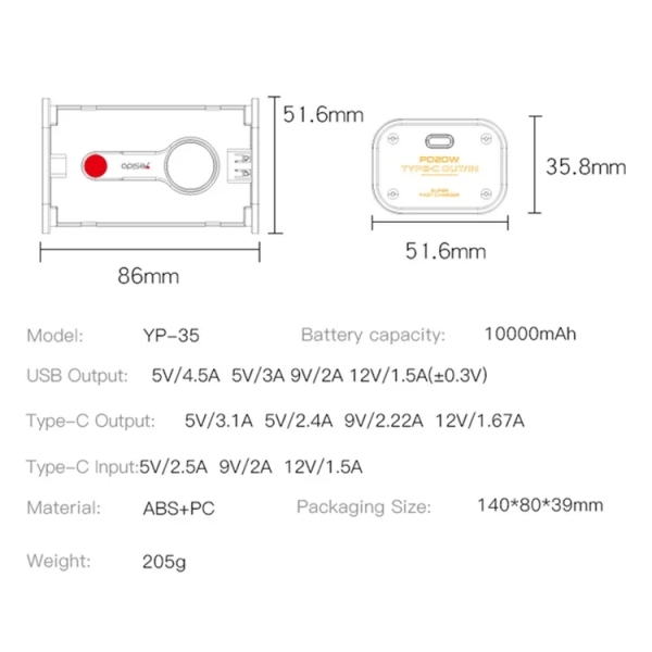 Yesido YP35 10000mAh Fast Charging Power Bank with LED Display Phone Charging Station(Black)