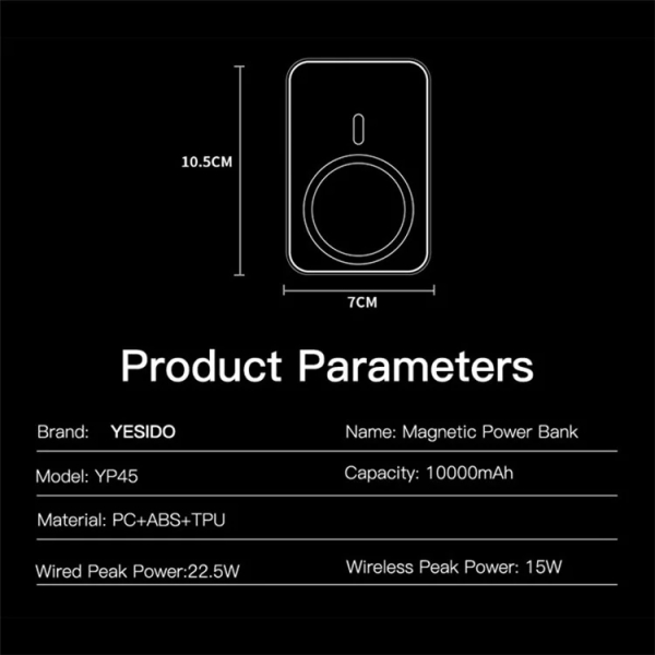 Yesido YP45 10000mAh Power Bank 15W Magnetic Adsorption Phone Wireless Charger(White)
