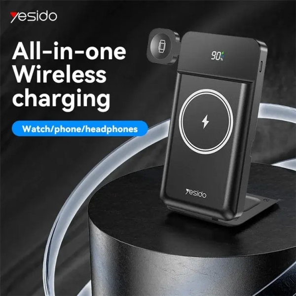 Yesido YP69 Watch / Earphone / Phone Charging Stand 15W Wireless Charger 10000mAh Power Bank(Black)