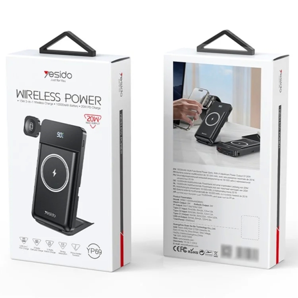 Yesido YP69 Watch / Earphone / Phone Charging Stand 15W Wireless Charger 10000mAh Power Bank(Black)