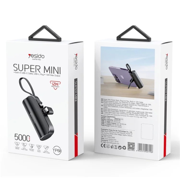 Yesido YP68 5000mAh iPhone Plug Mini Power Bank with Built-In Type-C Cable and Hidden Bracket(Black)