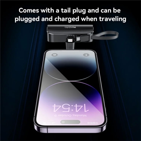 Yesido YP68 5000mAh iPhone Plug Mini Power Bank with Built-In Type-C Cable and Hidden Bracket(Black)