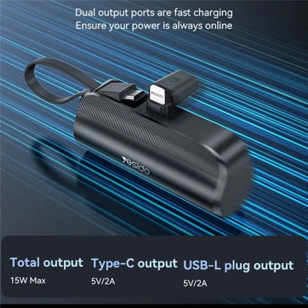 Yesido YP68 5000mAh iPhone Plug Mini Power Bank with Built-In Type-C Cable and Hidden Bracket(Black)