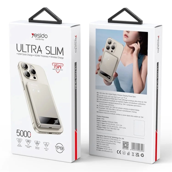 Yesido YP66 5000mAh Ultra-Thin Magnetic Wireless Power Bank with Digital Display(Titanium Gold)