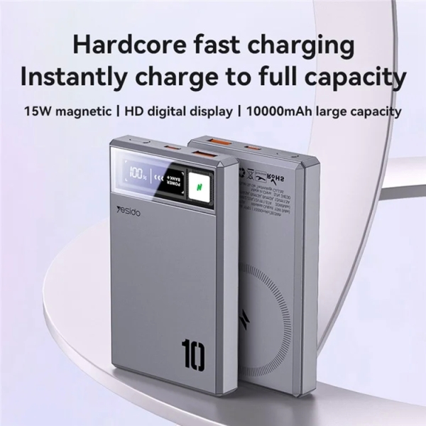 Yesido YP61 Type-C + USB Dual Port 10000mAh 15W Wireless Charging Magnetic Power Bank(Grey)