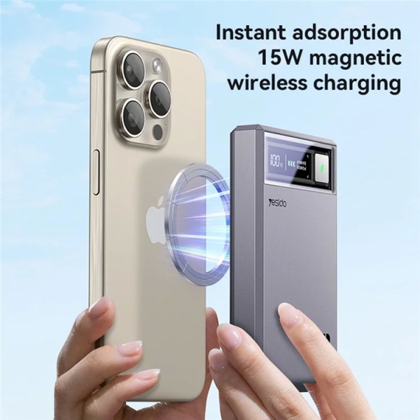 Yesido YP61 Type-C + USB Dual Port 10000mAh 15W Wireless Charging Magnetic Power Bank(Grey)
