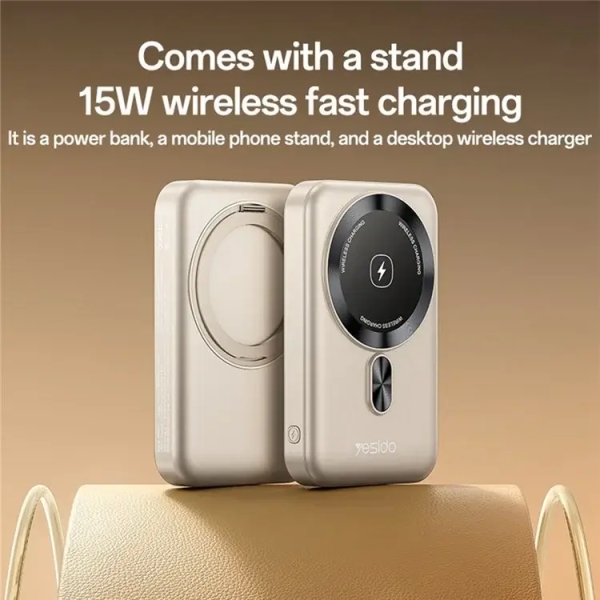 Yesido YP60 Type-C + USB Dual Port 10000mAh Wireless Charging Magnetic Power Bank with Bracket(Gold)
