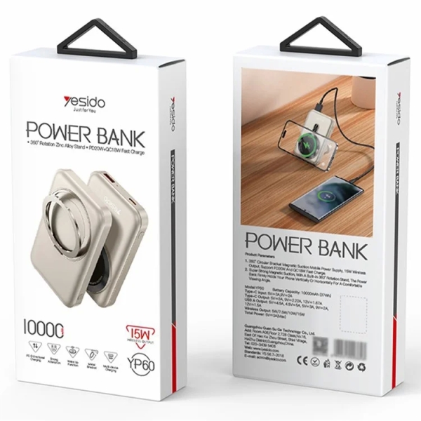 Yesido YP60 Type-C + USB Dual Port 10000mAh Wireless Charging Magnetic Power Bank with Bracket(Gold)