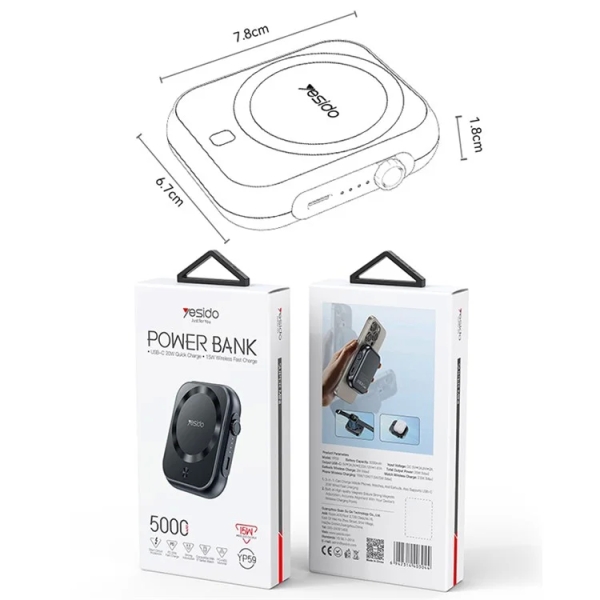Yesido YP59 5000mAh PD 20W Power Bank Magnetic Phone Watch Earphone Wireless Charger(Black)