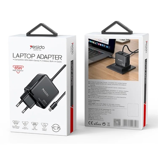 Yesido YC75 PD65W Power Adapter 2m USB-C / Type-C Cable Laptop Charger, EU Plug(Black)