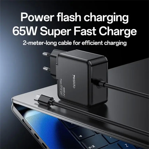 Yesido YC75 PD65W Power Adapter 2m USB-C / Type-C Cable Laptop Charger, EU Plug(Black)