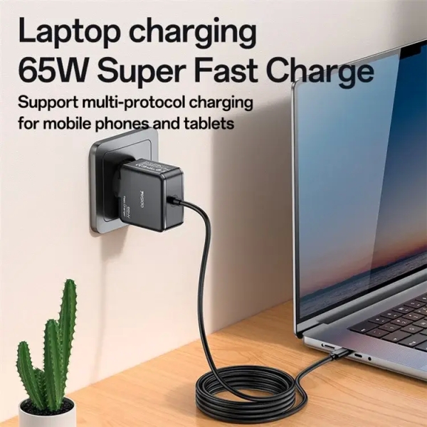 Yesido YC75 PD65W Power Adapter 2m USB-C / Type-C Cable Laptop Charger, EU Plug(Black)