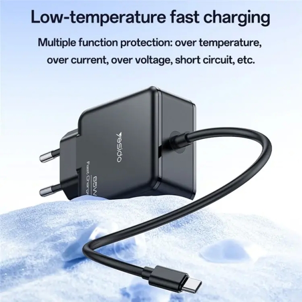 Yesido YC75 PD65W Power Adapter 2m USB-C / Type-C Cable Laptop Charger, EU Plug(Black)