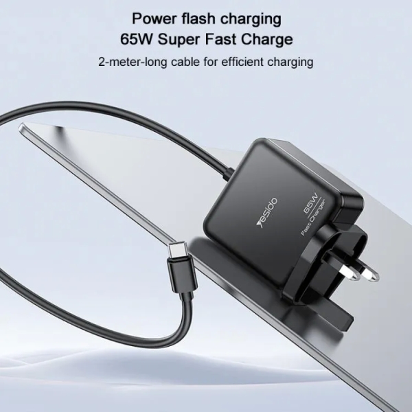 Yesido YC93 PD65W Power Adapter 2m USB-C / Type-C Cable Laptop Charger, UK Plug(Black)