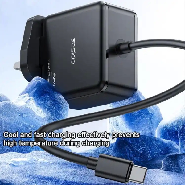 Yesido YC93 PD65W Power Adapter 2m USB-C / Type-C Cable Laptop Charger, UK Plug(Black)