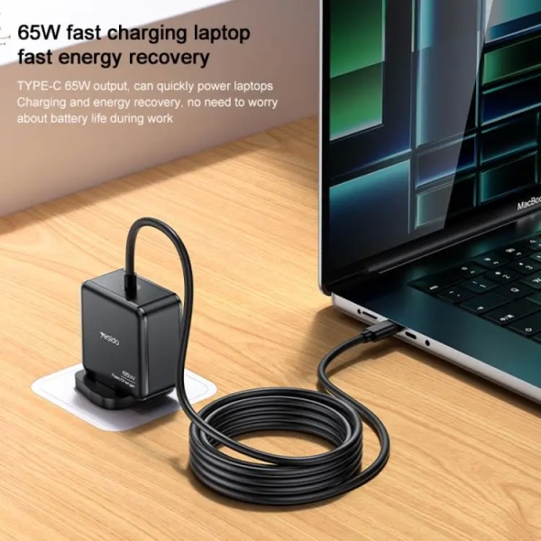 Yesido YC93 PD65W Power Adapter 2m USB-C / Type-C Cable Laptop Charger, UK Plug(Black)