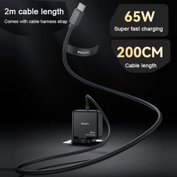 Yesido YC93 PD65W Power Adapter 2m USB-C / Type-C Cable Laptop Charger, UK Plug(Black)