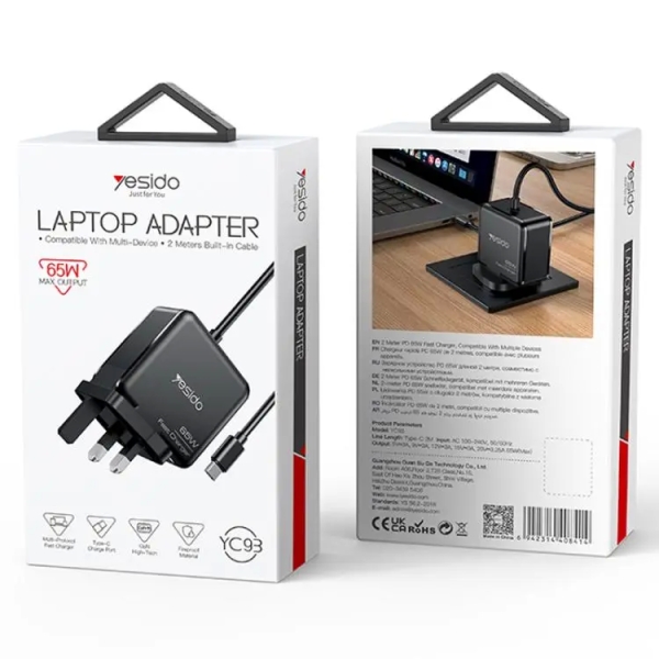 Yesido YC93 PD65W Power Adapter 2m USB-C / Type-C Cable Laptop Charger, UK Plug(Black)
