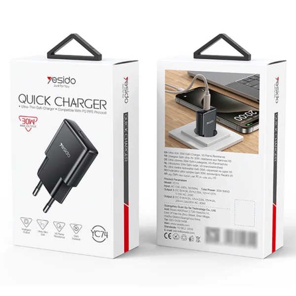 Yesido YC74 Ultra-thin 30W Fast Charger USB-C / Type-C Power Adapter, EU Plug(Black)