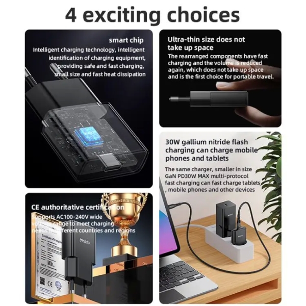 Yesido YC74 Ultra-thin 30W Fast Charger USB-C / Type-C Power Adapter, EU Plug(Black)