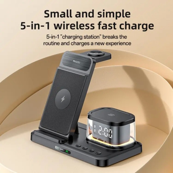 Yesido DS22 5 in 1 Multifunction Clock Wireless Fast Charge Station For iPhone / Apple Watch / AirPods(Black)