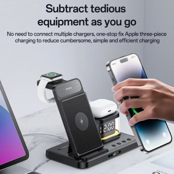 Yesido DS22 5 in 1 Multifunction Clock Wireless Fast Charge Station For iPhone / Apple Watch / AirPods(Black)