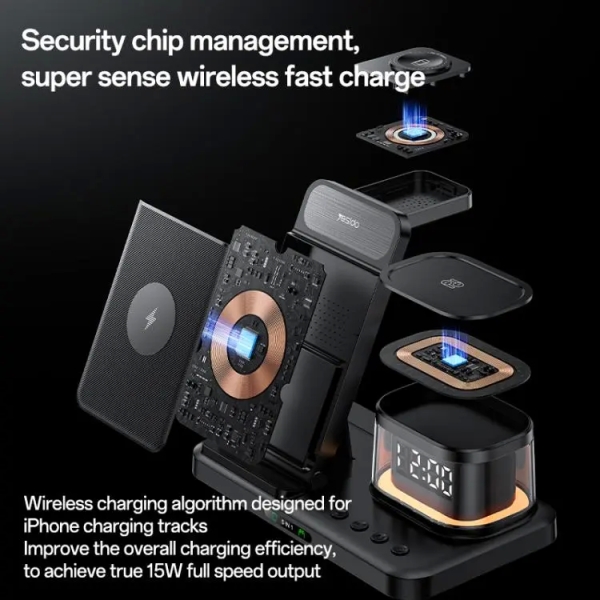 Yesido DS22 5 in 1 Multifunction Clock Wireless Fast Charge Station For iPhone / Apple Watch / AirPods(Black)