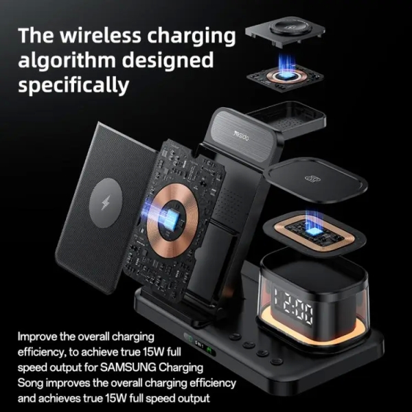 Yesido DS23 5 in 1 Multifunction Clock Wireless Fast Charge Station For Samsung Phone Series / Watch / EarPods(Black)