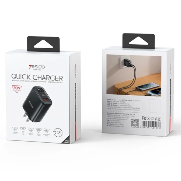 Yesido YC12U 20W USB-C / Type-C + USB Digital Display Charger, US Plug(Black)