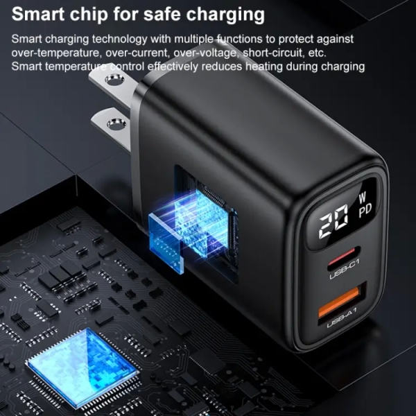 Yesido YC12U 20W USB-C / Type-C + USB Digital Display Charger, US Plug(Black)