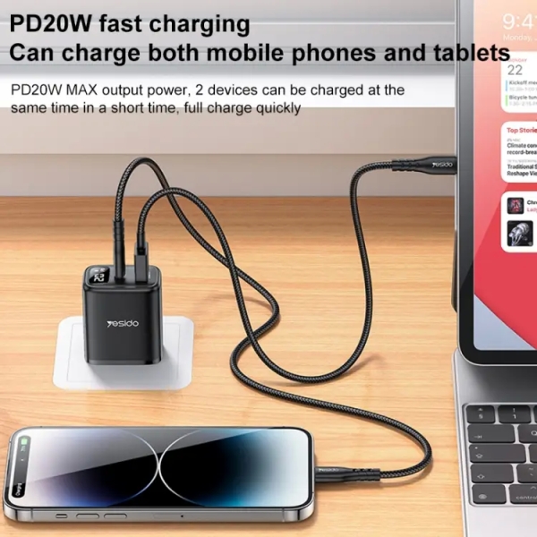 Yesido YC12U 20W USB-C / Type-C + USB Digital Display Charger, US Plug(Black)