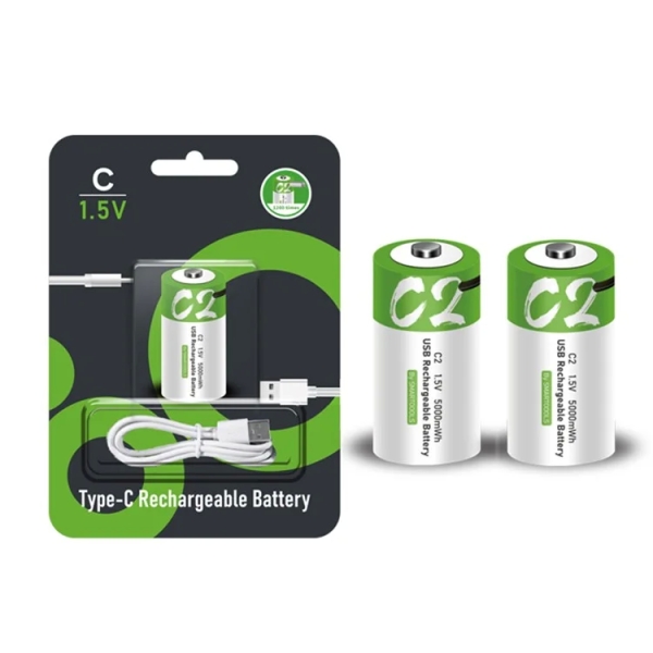 SMARTOOOLS 2Pcs 1.5V 5000mWh C Size Battery Rechargeable C2 Lithium Batteries for Water Gas Meter Radio Shaver