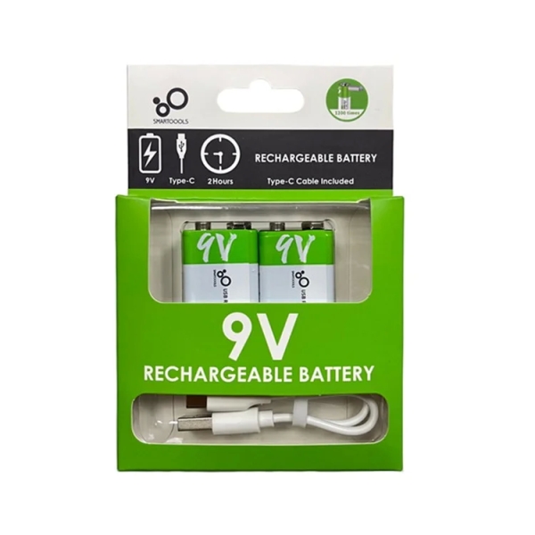 SMARTOOOLS 2Pcs 9V 650mAh Rechargeable Battery Type-C Charging 1.5h Rapid Recharge Lithium-ion Battery