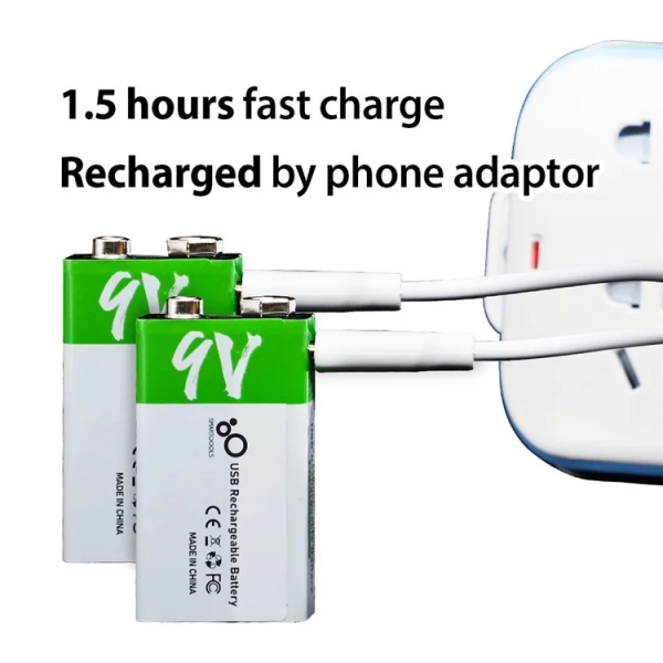 SMARTOOOLS 2Pcs 9V 650mAh Rechargeable Battery Type-C Charging 1.5h Rapid Recharge Lithium-ion Battery