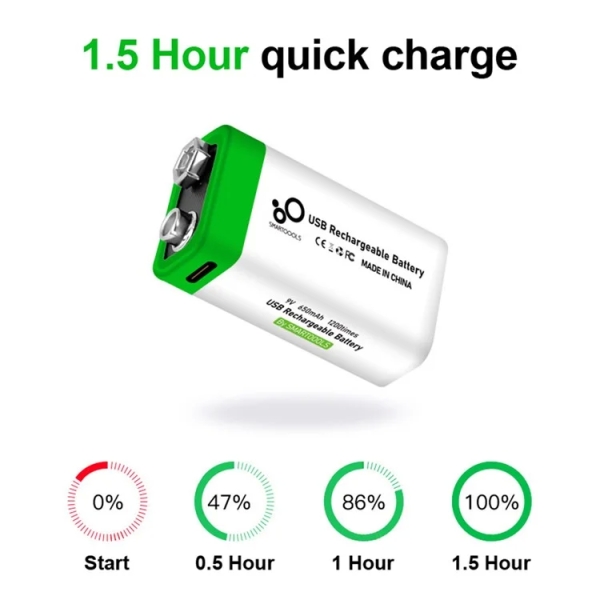SMARTOOOLS 1Pc 9V 650mAh Type-C Rechargeable Battery Li-ion Battery for RC Helicopter Multimeter